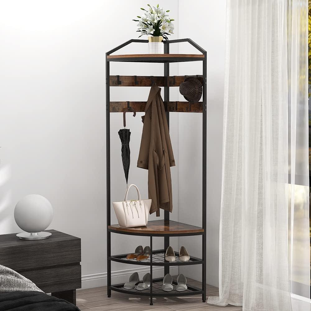 Rustic Brown L-Shaped Corner Hall Tree with Storage