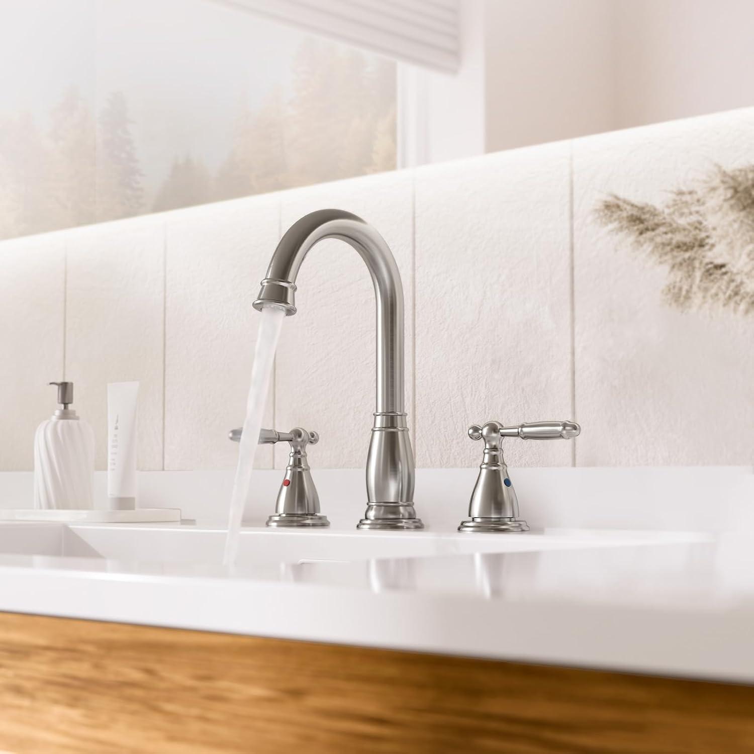 Phiestina 3-Hole 8 inch 2-Handle Brushed Nickel Widespread Bathroom Faucets with Valve and Metal Pop-Up Drain Assembly, WF017-4-BN