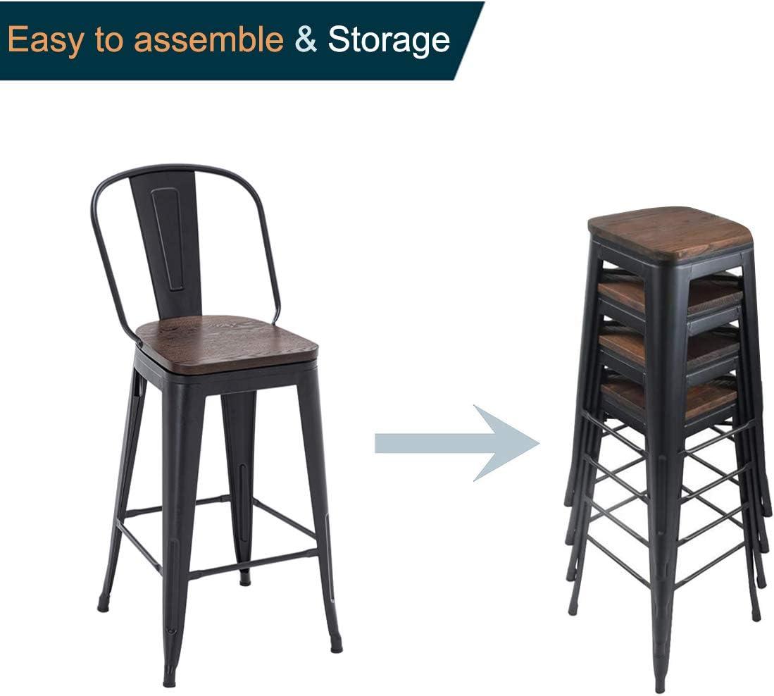 Andeworld Swivel Metal Bar Stools Set of 4 Counter Height Stools Counter Bar Stools with Back Swivel Metal Bar Chairs Wooded Seat 30 Inch Matte Black