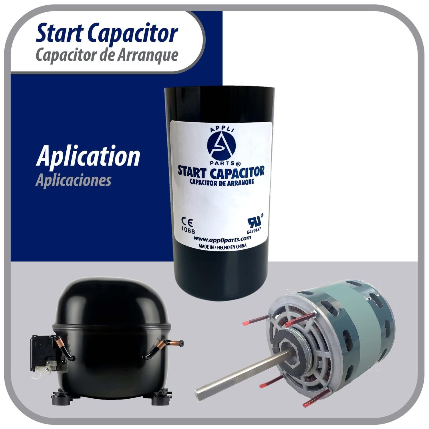 Appli Parts motor start capacitor 590-708 Mfd (microfarads) uF 250 VAC universal fit for electric motor applications 1-3/4 in Diameter 4-3/8 in Height CON-590-250