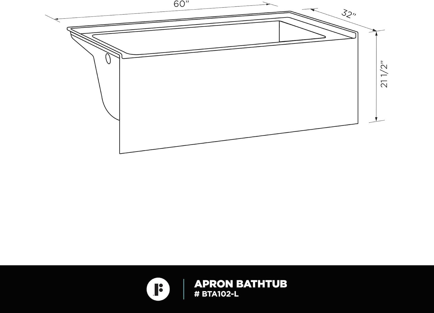 Fine Fixtures Acrylic-Fiberglass Soaking Bathtub, White. Alcove | Apron Front Left Hand 60"x32"