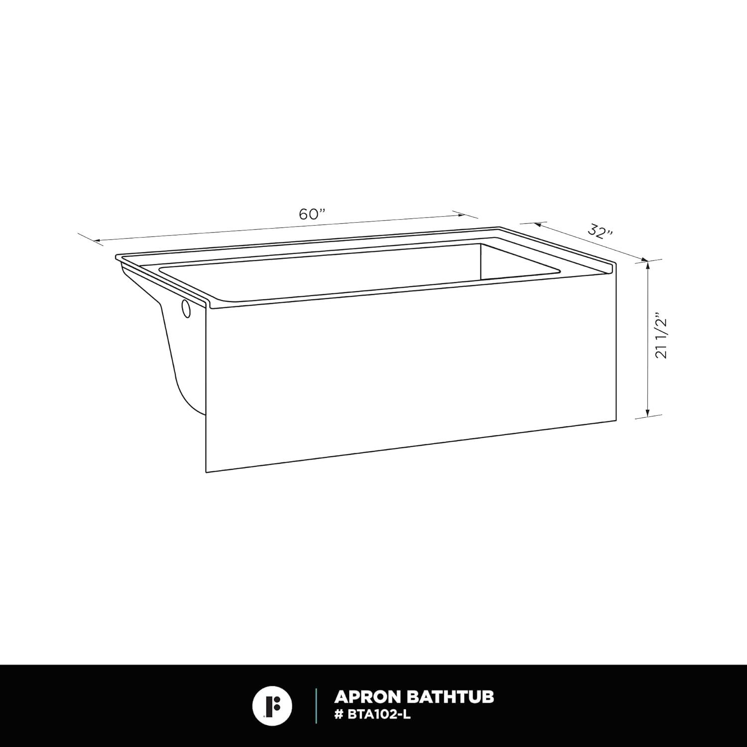 Fine Fixtures Acrylic-Fiberglass Soaking Bathtub, White. Alcove | Apron Front Left Hand 60"x32"