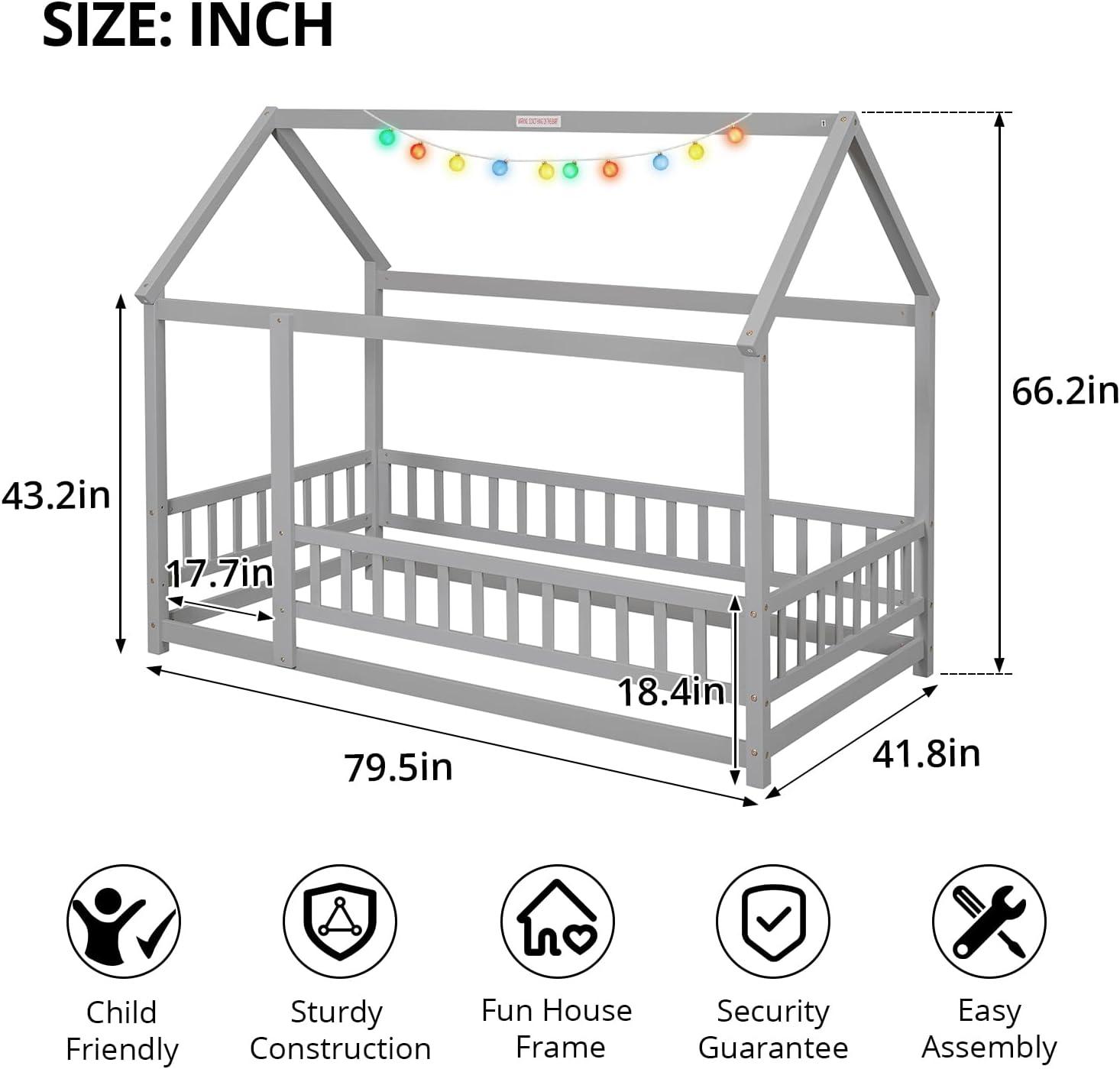 Twin Floor Bed for Kids, Wooden House Bed Frame with Roof, Fence Guardrails, Montessori Bed for Toddlers Girls Boys, Gray