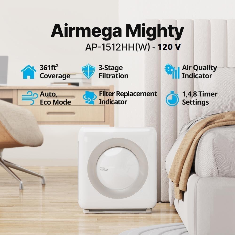 Coway Air Purifier Airmega AP-1512HH(White) True HEPA 3-Stages Filtration System with 361 Sq. Ft. Coverage, Auto & Eco Mode