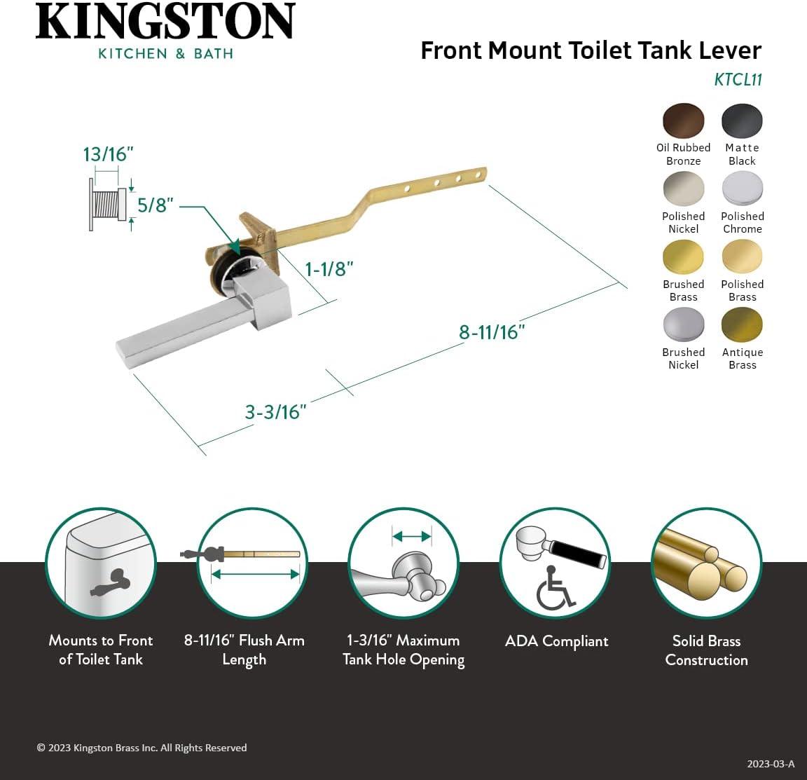 Kingston Brass KTCL12 Claremont Front Mount Toilet Tank Lever, Polished Brass