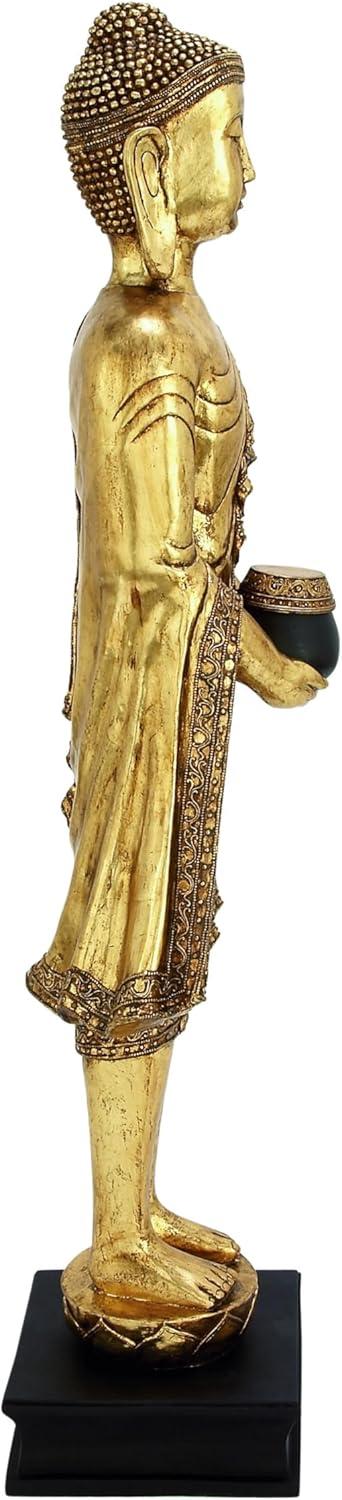 16" x 54" Gold Resin Meditating Buddha Sculpture with Engraved Carvings and Relief Detailing, by DecMode