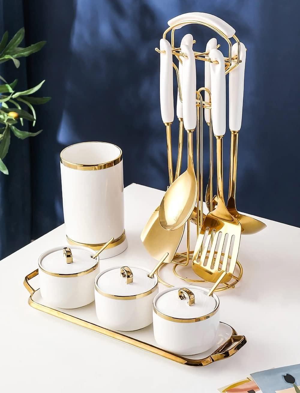 Lxmons Gold Stainless Steel Kitchen Utensil Set Cooking 7 Pcs Set with Hold,Include Spatulas,Soup spoons,Colander