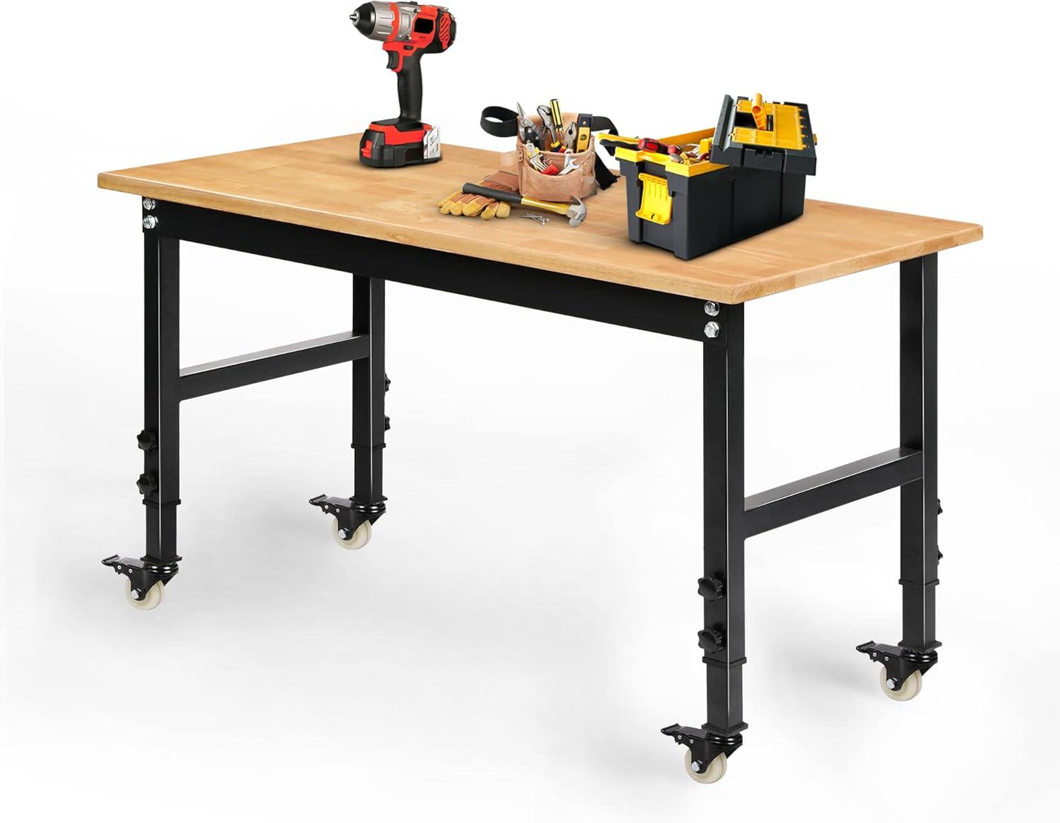 Lacluta 48'' W Solid Wood Top Height-Adjustable Workbench with Wheels