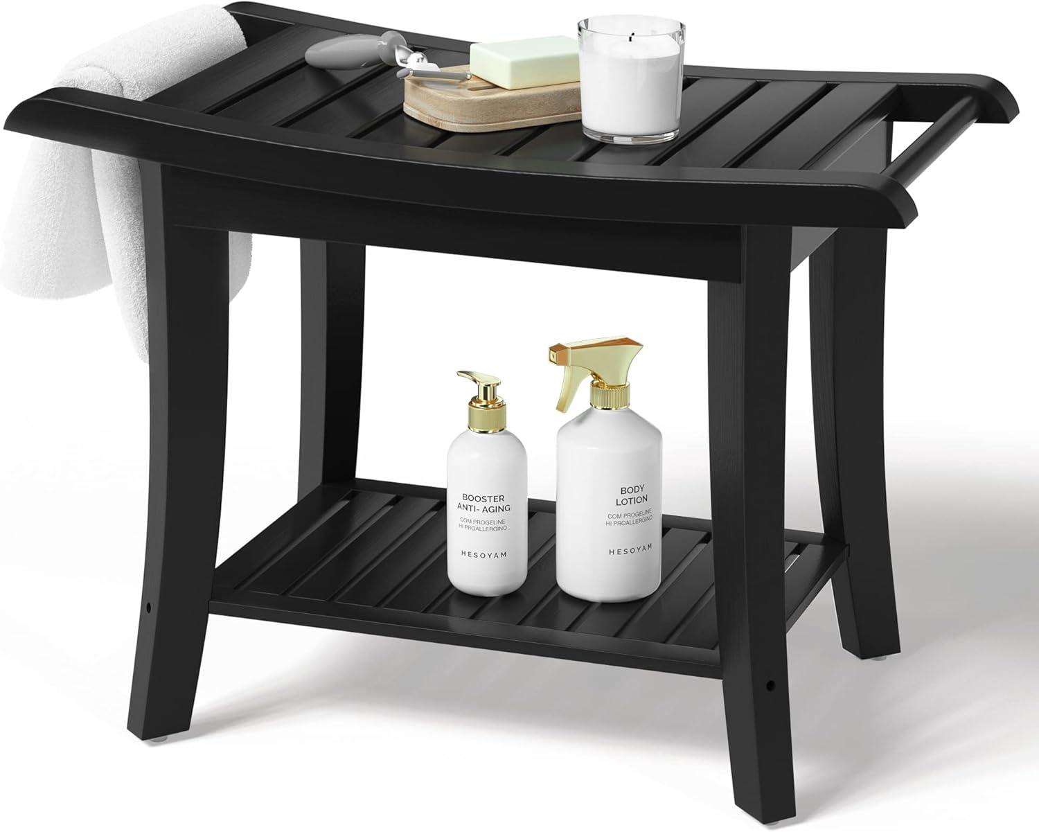 Black Bamboo 24" Shower Bench with Storage Shelf