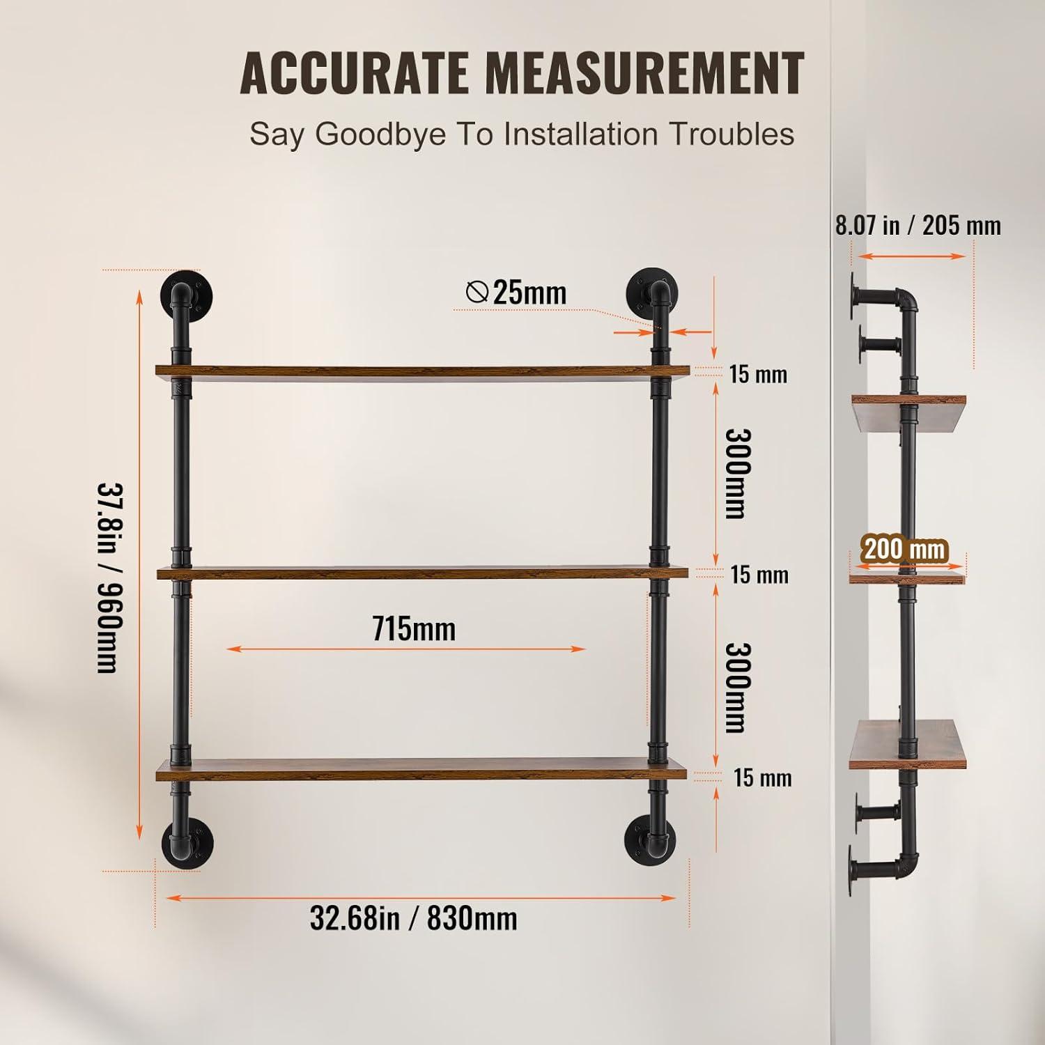 VEVOR Industrial Pipe Shelf, 3 Tier 32x7.87in, Wall-Mount Floating Rustic Wood Shelves Bracket Display Bookshelf, Storage Rack Sundries Holder for Kitchen Bedroom Bathroom Living Room, Black