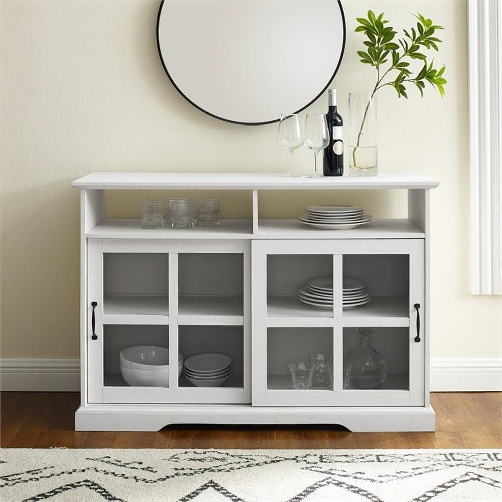 Transitional 48" Farmhouse Sliding Glass Door Sideboard in Brushed White