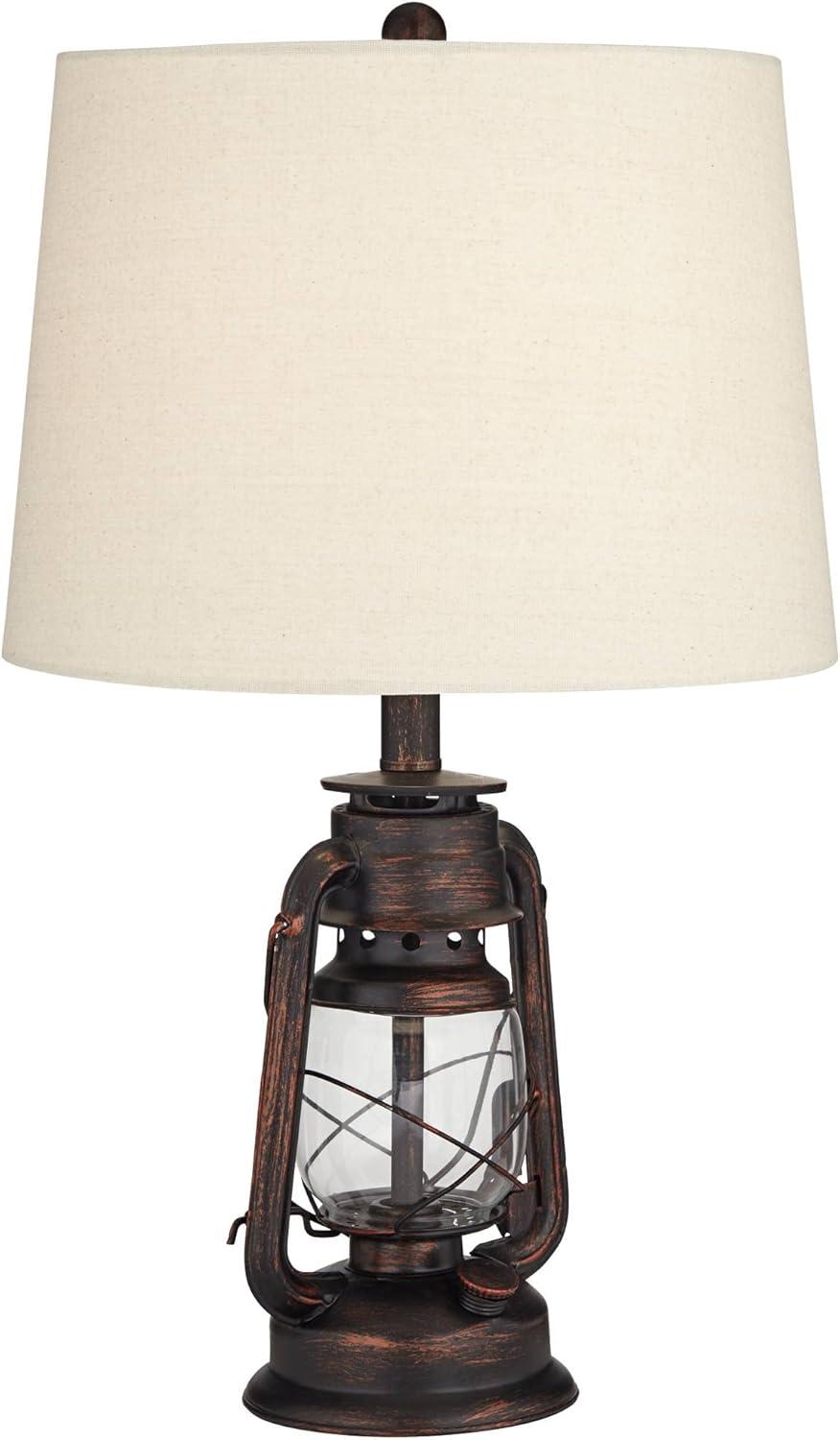 Franklin Iron Works Murphy Rustic Industrial Accent Table Lamp Miner Lantern 23" High Red Bronze Oatmeal Fabric Shade for Bedroom Living Room Office