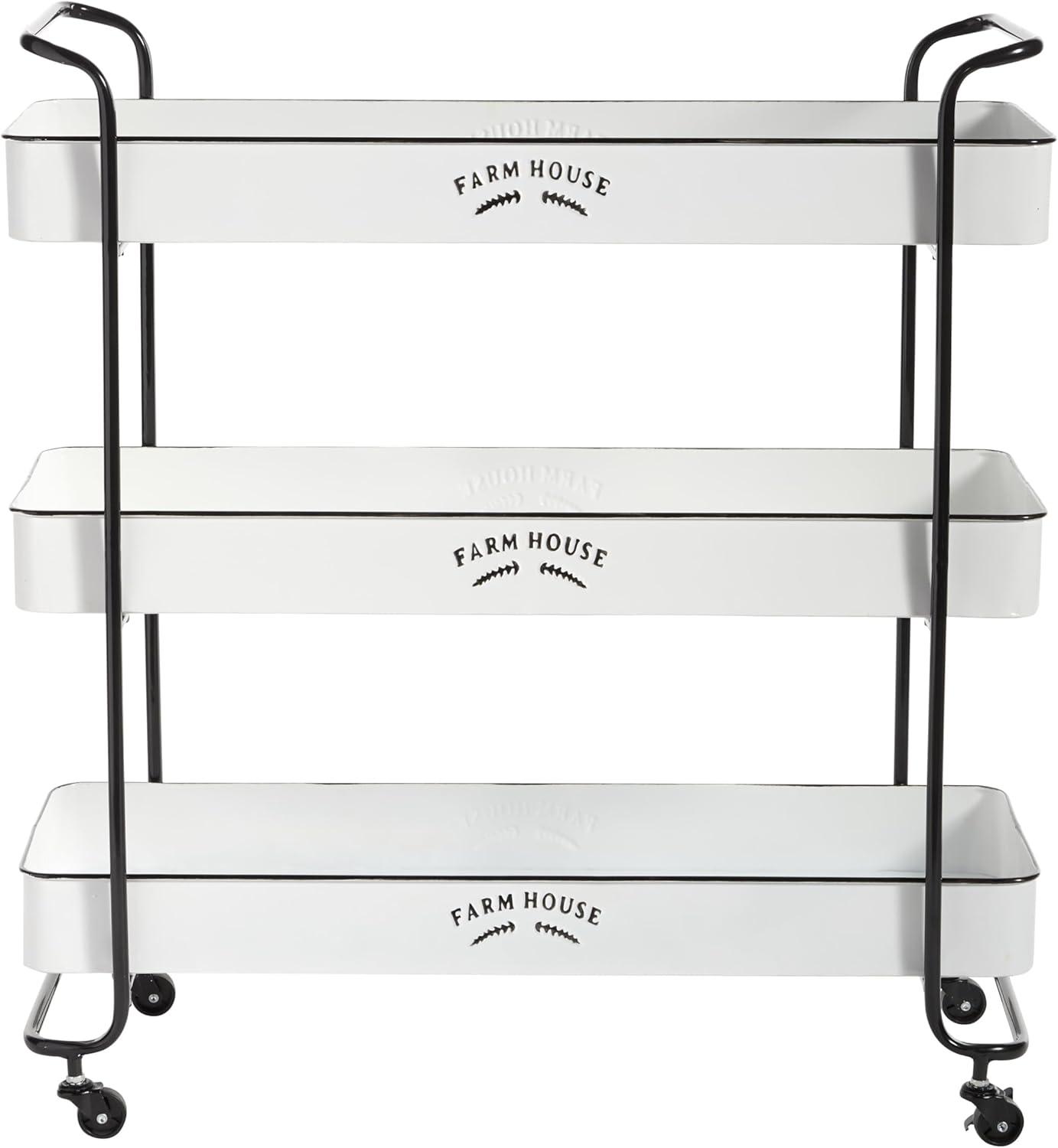DecMode 32" x 35" White Metal Kitchen Rolling 3 Shelves Bar Cart with Black Accents and Farm House Design, 1-Piece