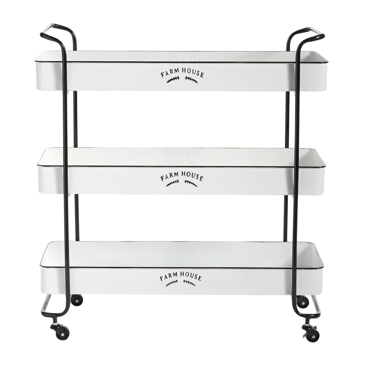 DecMode 32" x 35" White Metal Kitchen Rolling 3 Shelves Bar Cart with Black Accents and Farm House Design, 1-Piece