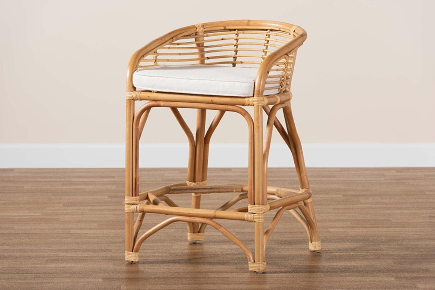 Tropical Oasis White Fabric and Natural Rattan Counter Stool