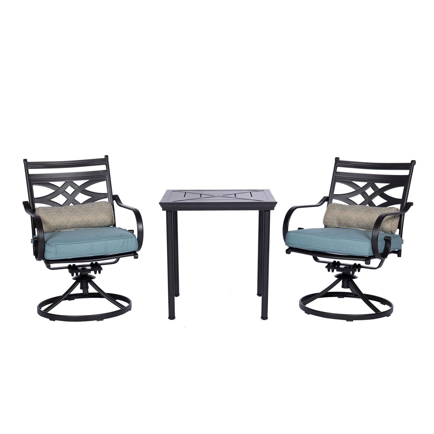 Hanover Montclair 3-Piece All-Weather Outdoor Patio Bistro Dining Set, 2 Swivel Rocker Chairs with Comfortable Seat and Lumbar Cushions, 27" Square Stamped Rectangle Table, MCLRDN3PCSW2-NVY