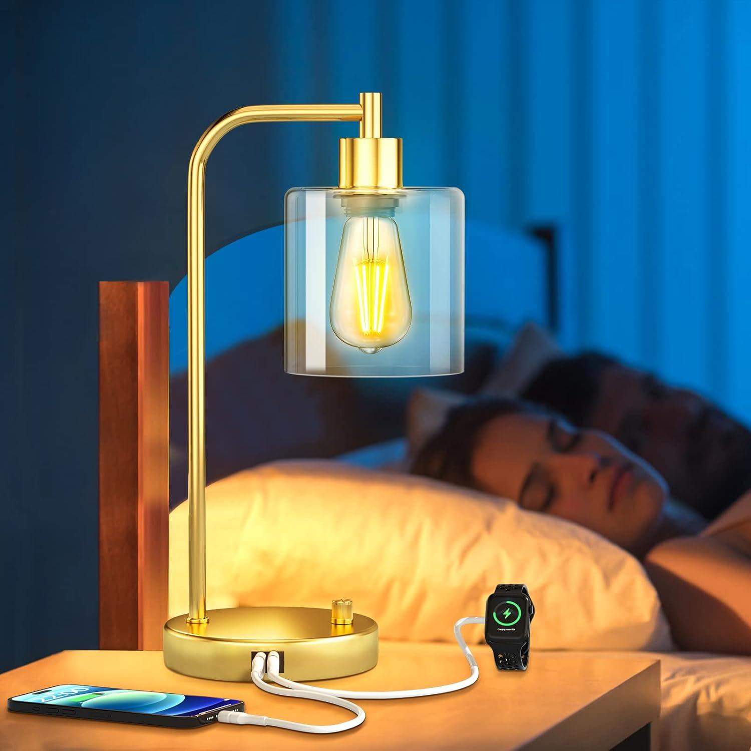 【Upgraded】Set of 2 Industrial Table Lamps with 2 USB Port, Fully Stepless Dimmable Bedside Lamps for Bedroom, Nightstand Desk Lamps with Glass Shade for Bedroom Living Room Office 2 LED Bulb Included