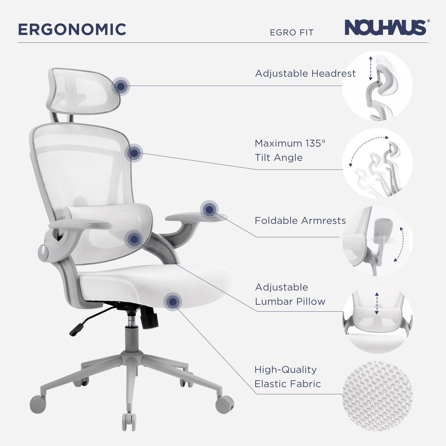 Nouhaus Inc Nouhaus Ergonomic Office Chair High Back Adjustable Lumbar Support Headrest and Armrest, Comfy Desk Chairs Swivel Computer Gaming Chair Tilt Function
