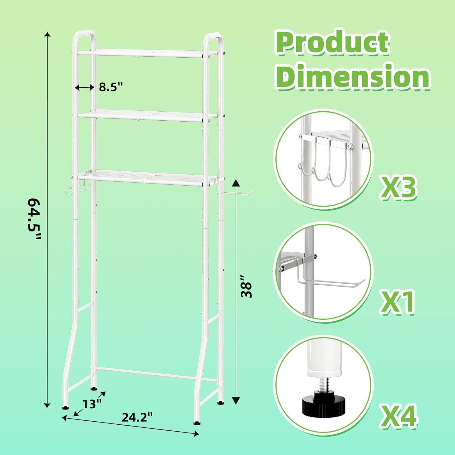 Over The Toilet Storage Shelf For Bathroom, 3-Tier Above Toilet Rack Bathroom Organizer With Adjustable Shelves And Hanging Hooks, Easy To Assemble & Space Saving, White
