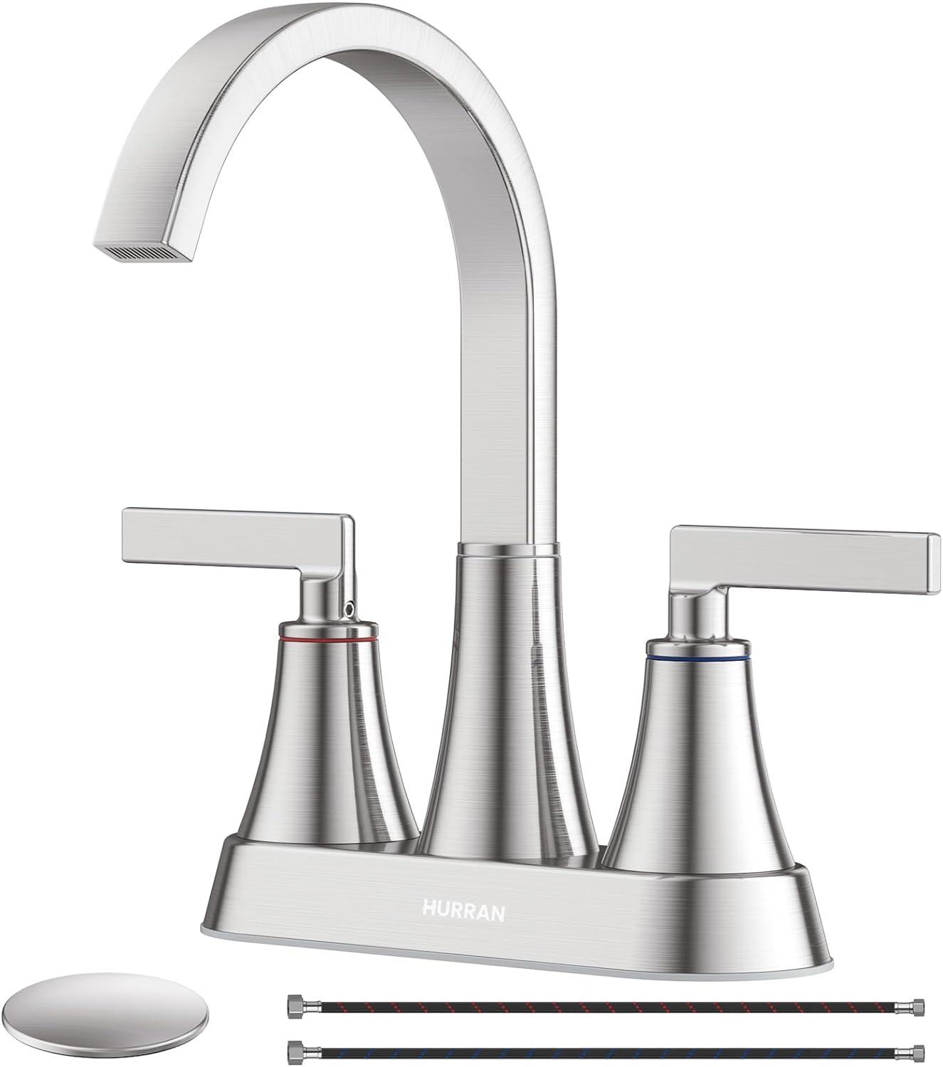 Bathroom Sink Faucet, Hurran 4 inch Brushed Gold Bathroom Faucets for Sink 3 Hole with Pop-up Drain and Supply Hoses, 360 Swivel Spout 2-Handle Centerset Faucet for Vanity RV Farmhouse