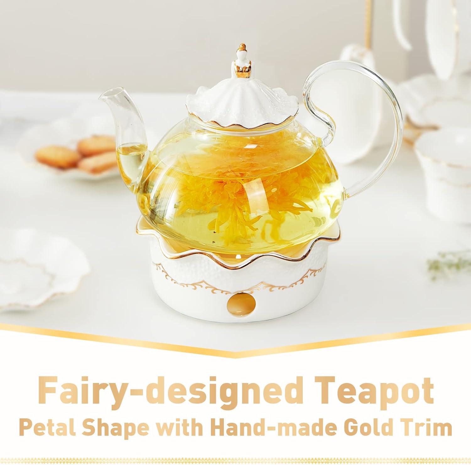 Blooming Tea Pot Set, Luxury British Design With Relief Decor & Gold Trims, Hand-Crafted Clear Teapot With Warmer, 40Oz Glass Teapot With Infuser, Stove-Safe Tea Party Gift & Home Décor