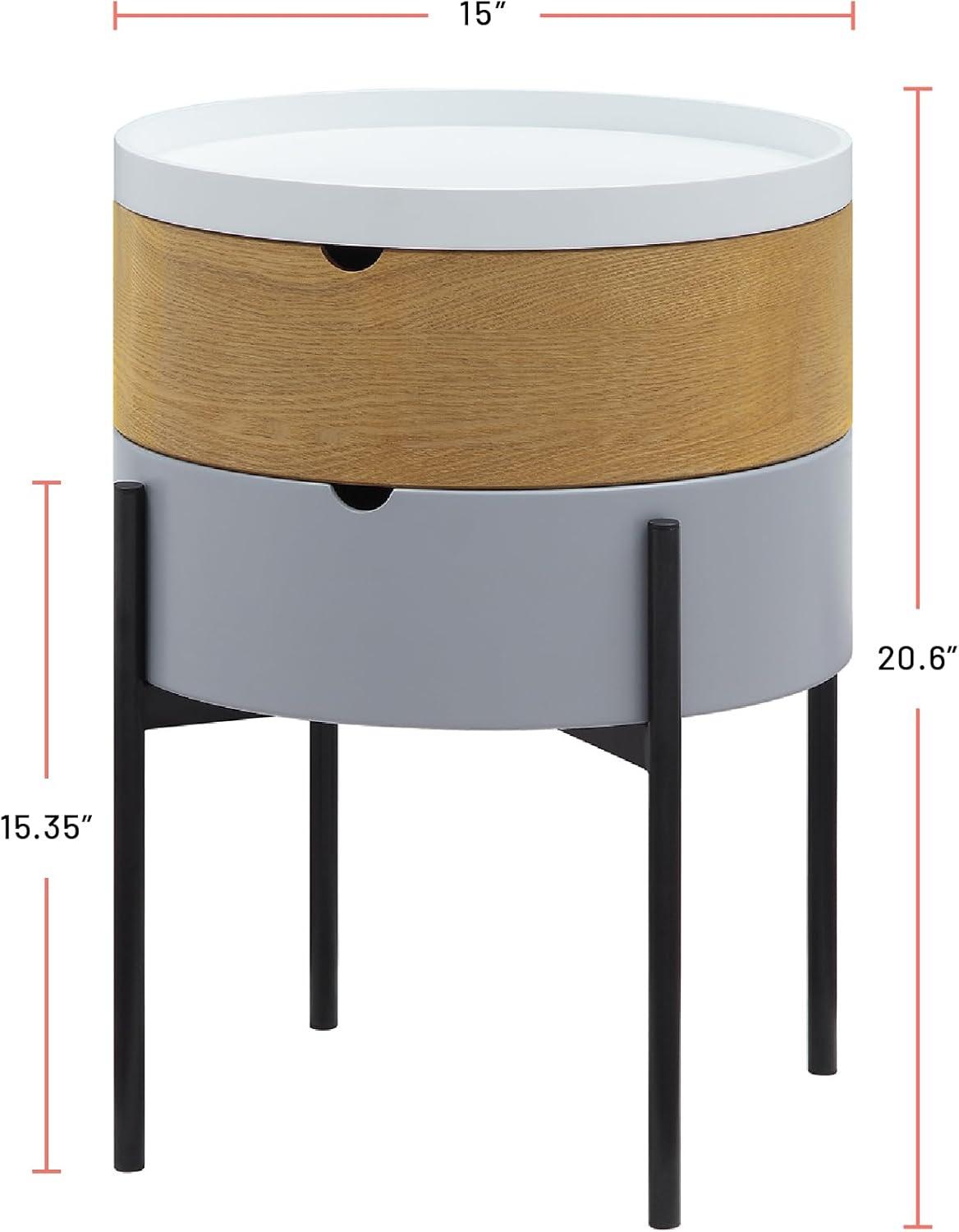 Round White and Wood End Table with Black Metal Legs