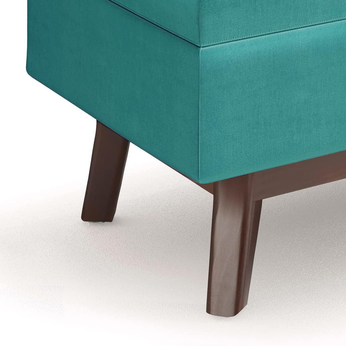 Simpli Home Owen 36 inch Wide Mid Century Modern Rectangle Small Rectangular Storage Ottoman in Aqua Blue Velvet Fabric