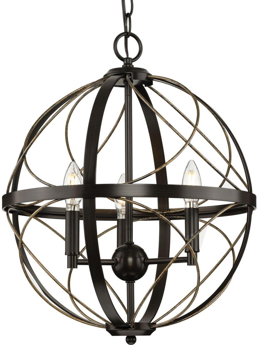 Progress Lighting Brandywine 3-Light Pendant, Antique Bronze, Steel, Farmhouse/Transitional, Hand-Gilded Wire Accents