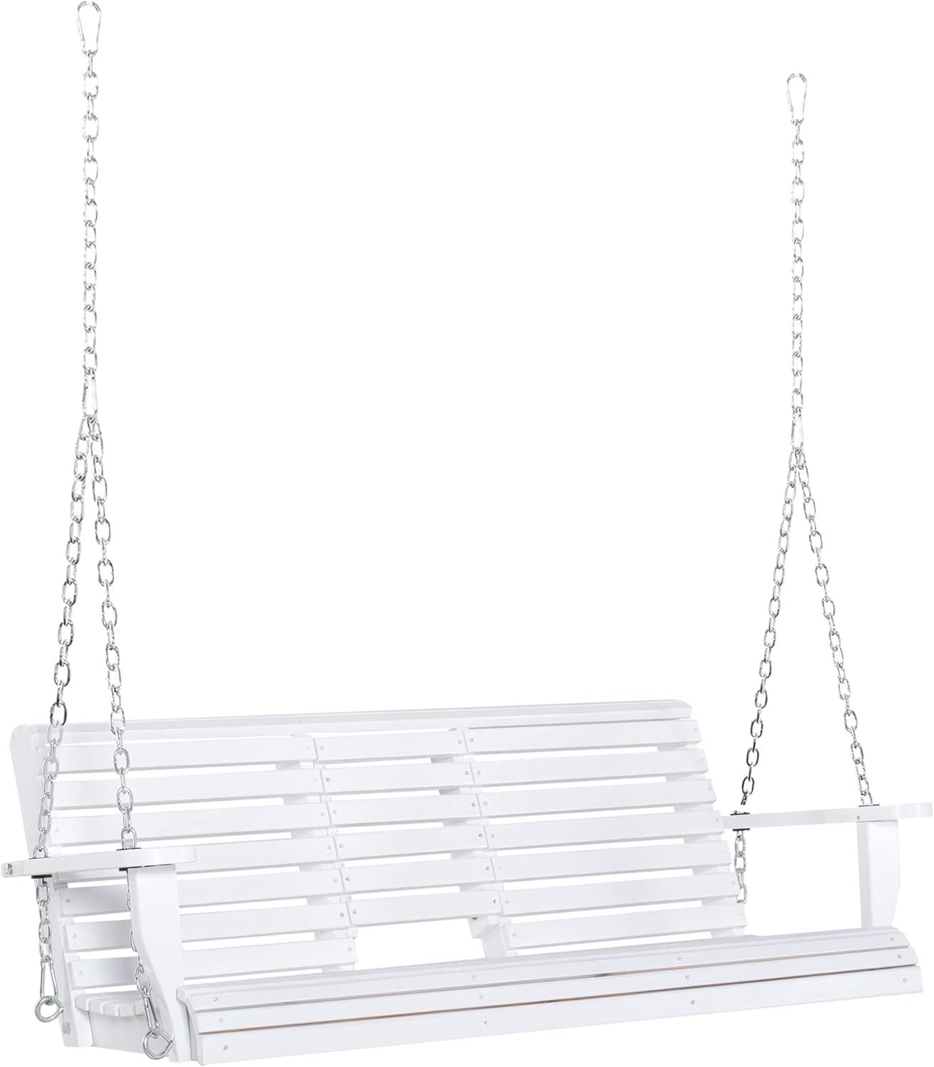 Outsunny 3-Seater Wooden Porch Swing, Patio Swing Bench with Folding Coffee Table, Cup Holders and Chains Included, 440lbs Weight Capacity, White