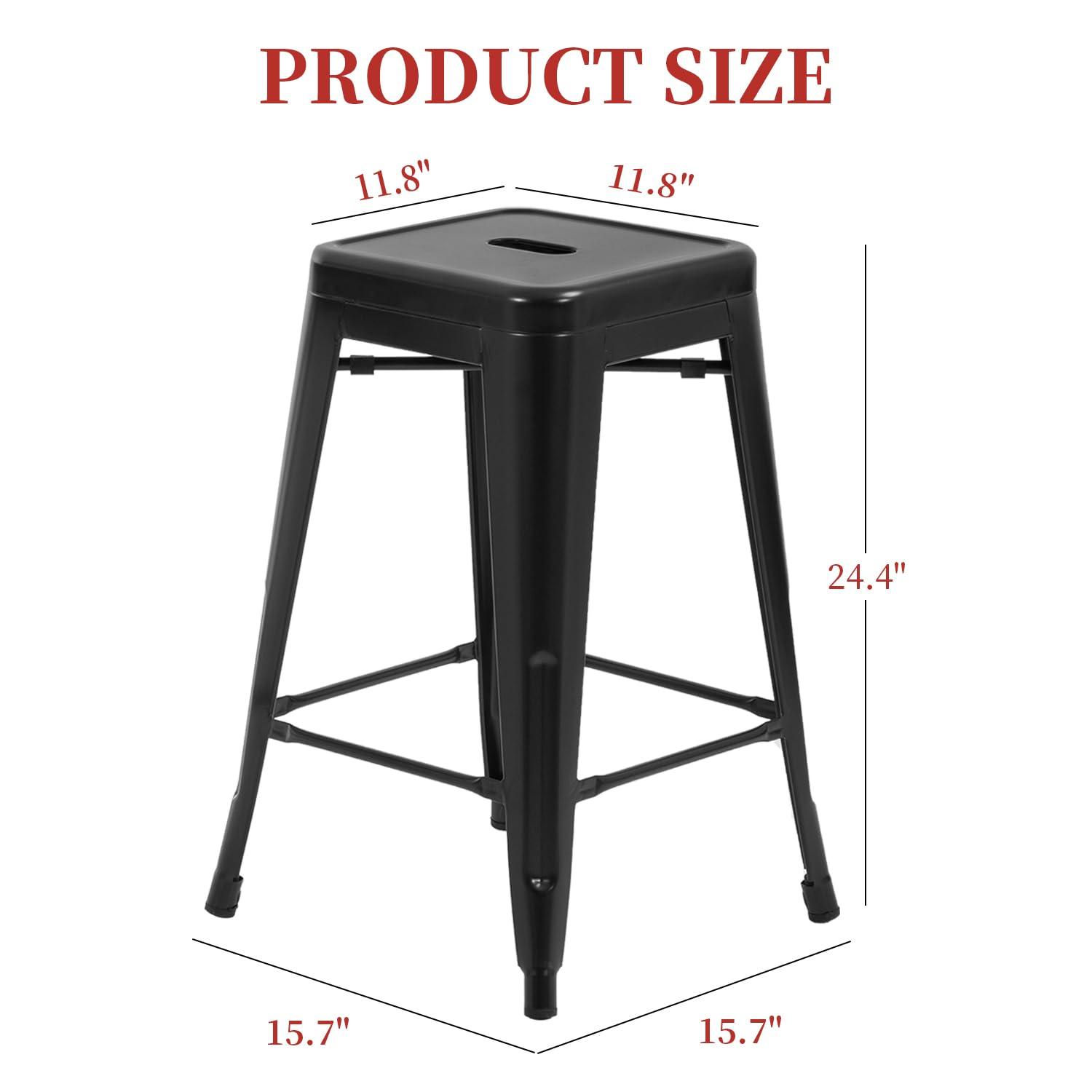 FDW Metal Bar Stools Set of 4 Counter Height Barstool Stackable Barstools 24 Inch Indoor Outdoor Patio Bar Stool Home Kitchen Dining Stool ,Black