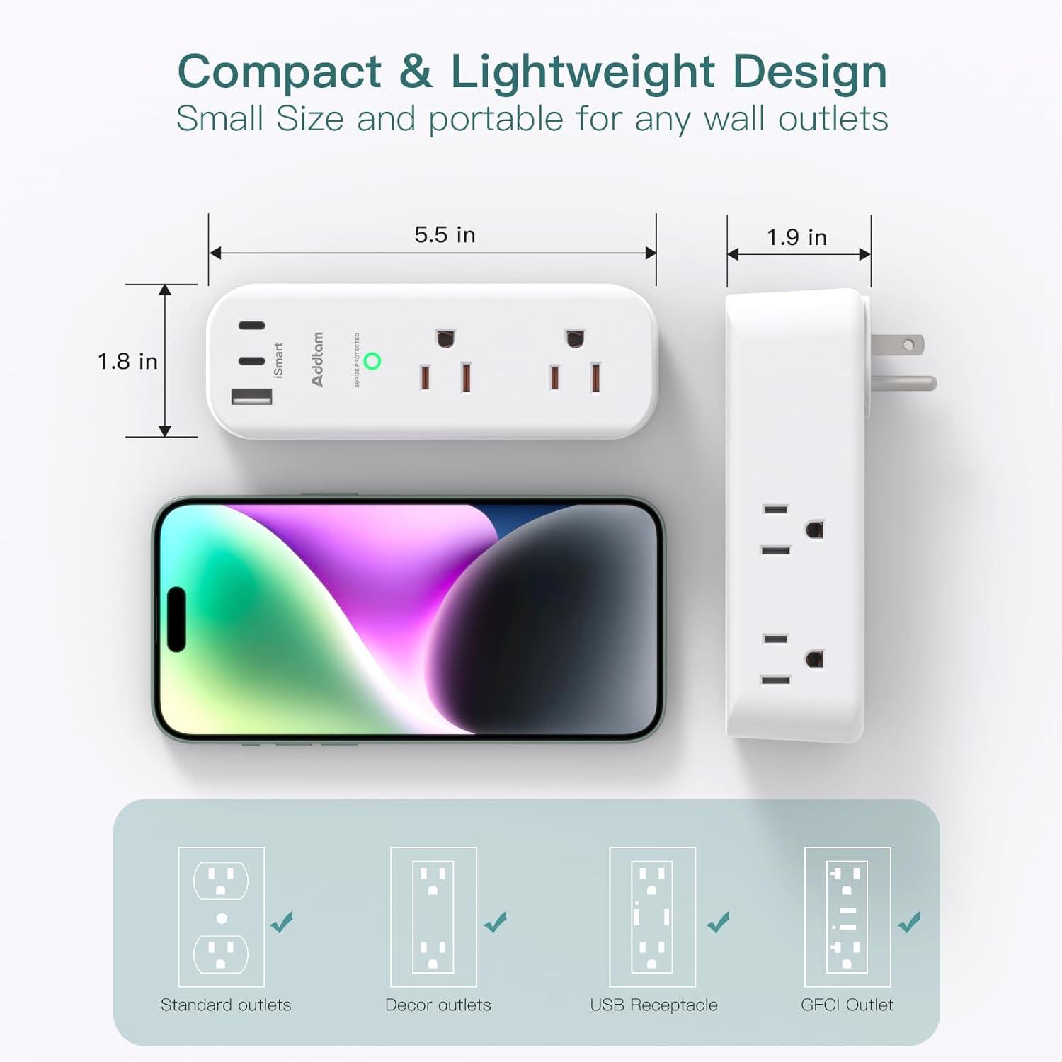 White 10-Piece USB Outlet Extender with Rotating Plug