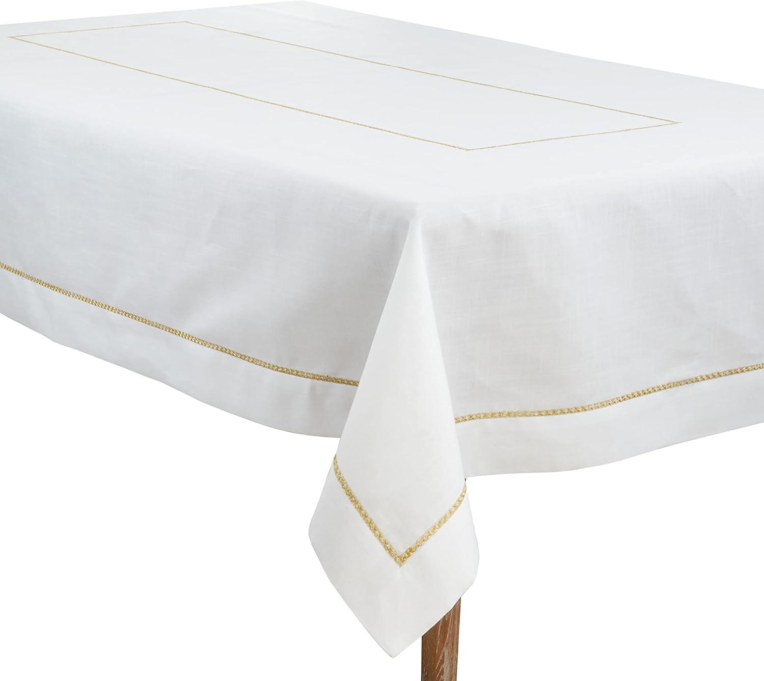 White Rectangular Fabric Tablecloth with Gold Embroidered Border