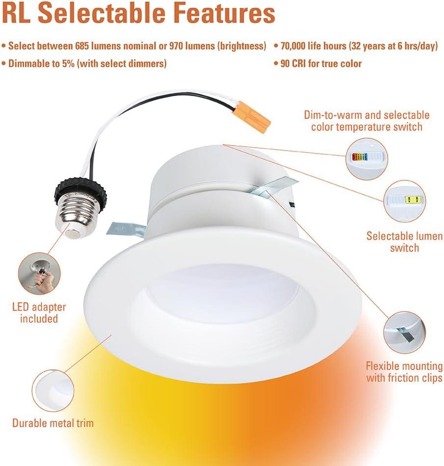 4-Inch White Aluminum Recessed LED Retrofit Light with Selectable CCT