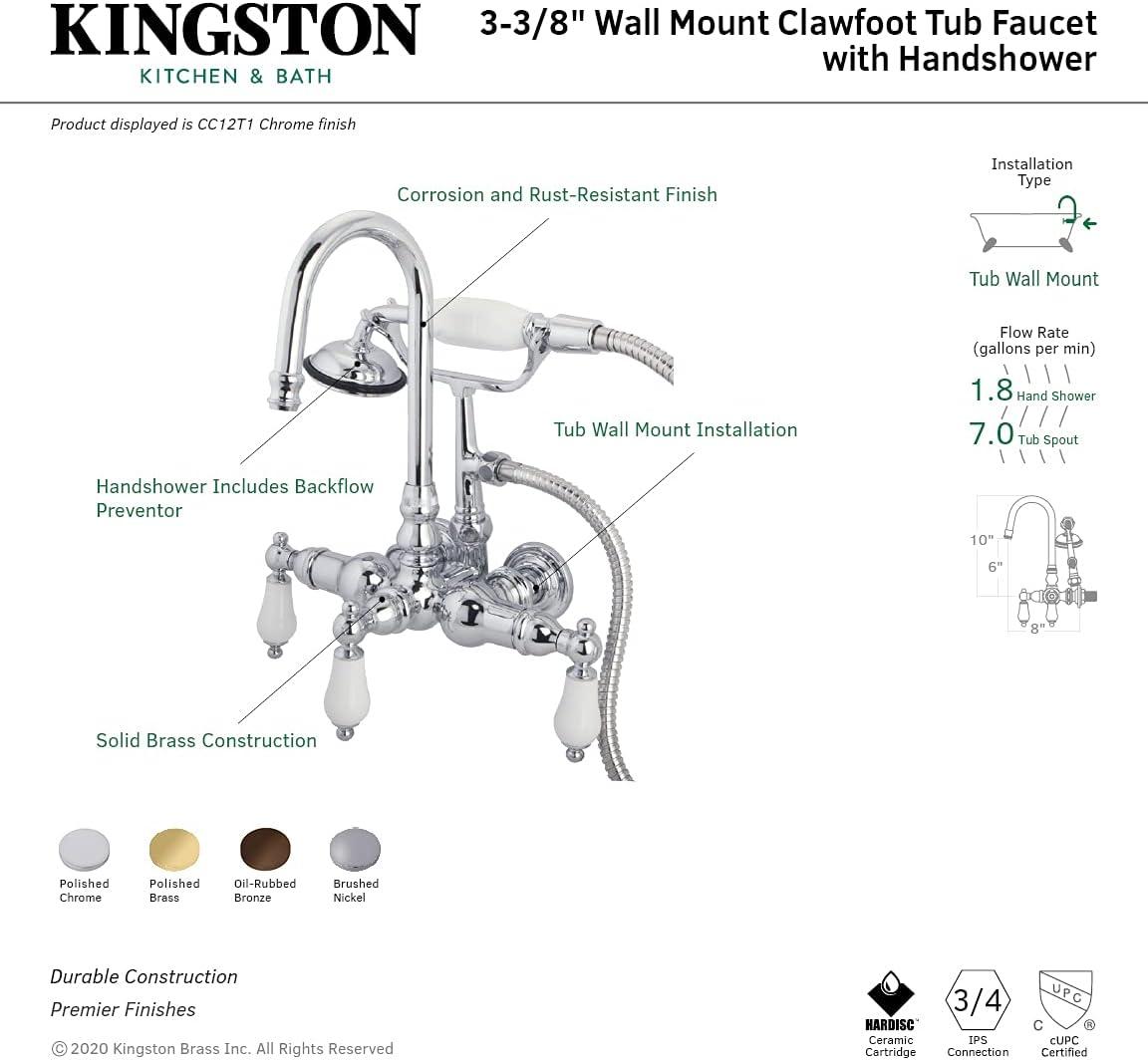 Kingston Brass Vintage Three-Handle 2-Hole Tub Wall Mount Clawfoot Tub Faucet with Hand Shower