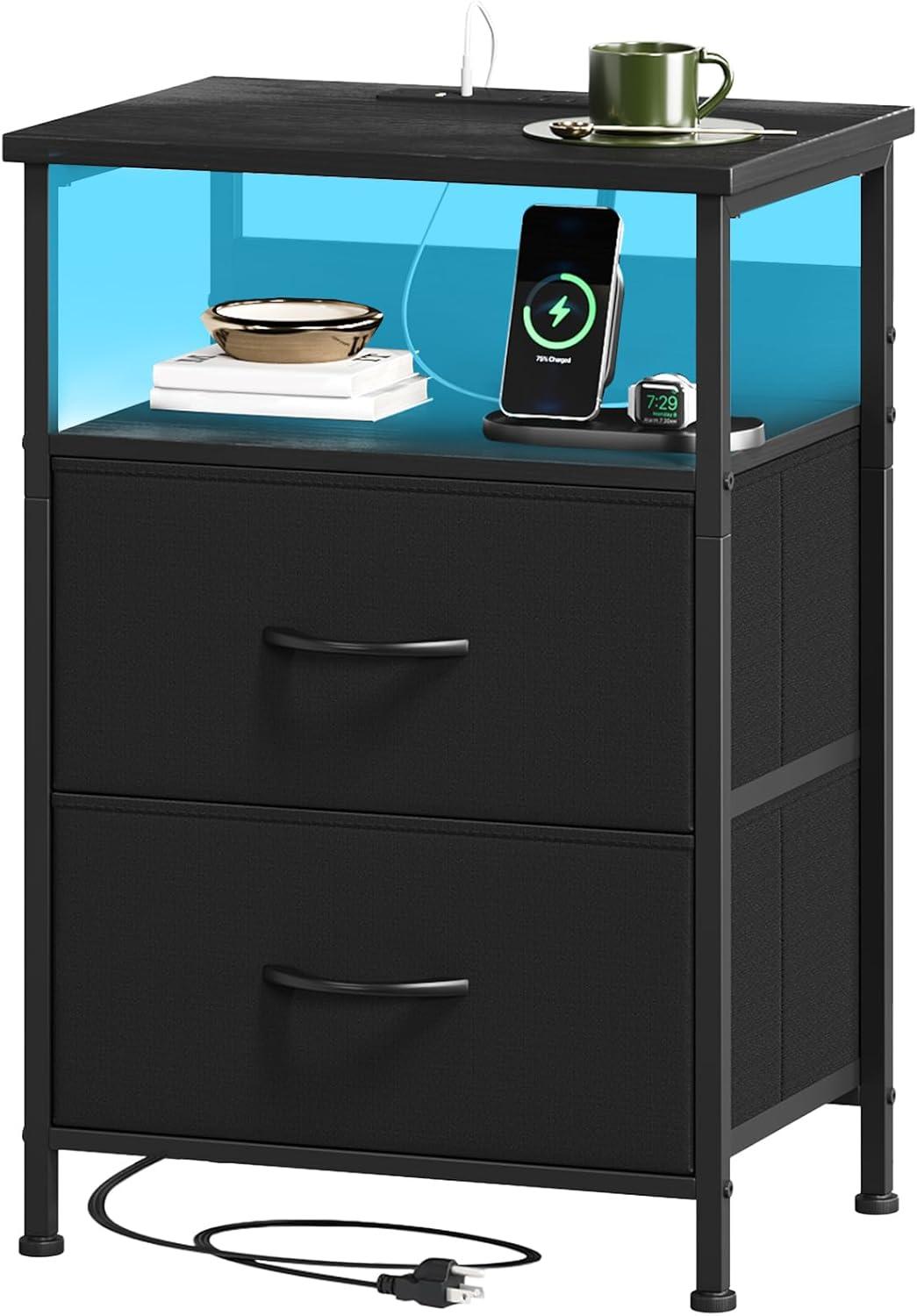 Eunos Black Dresser for Bedroom, 4 Drawer Nightstand with Charging Station, LED and Open Shelf