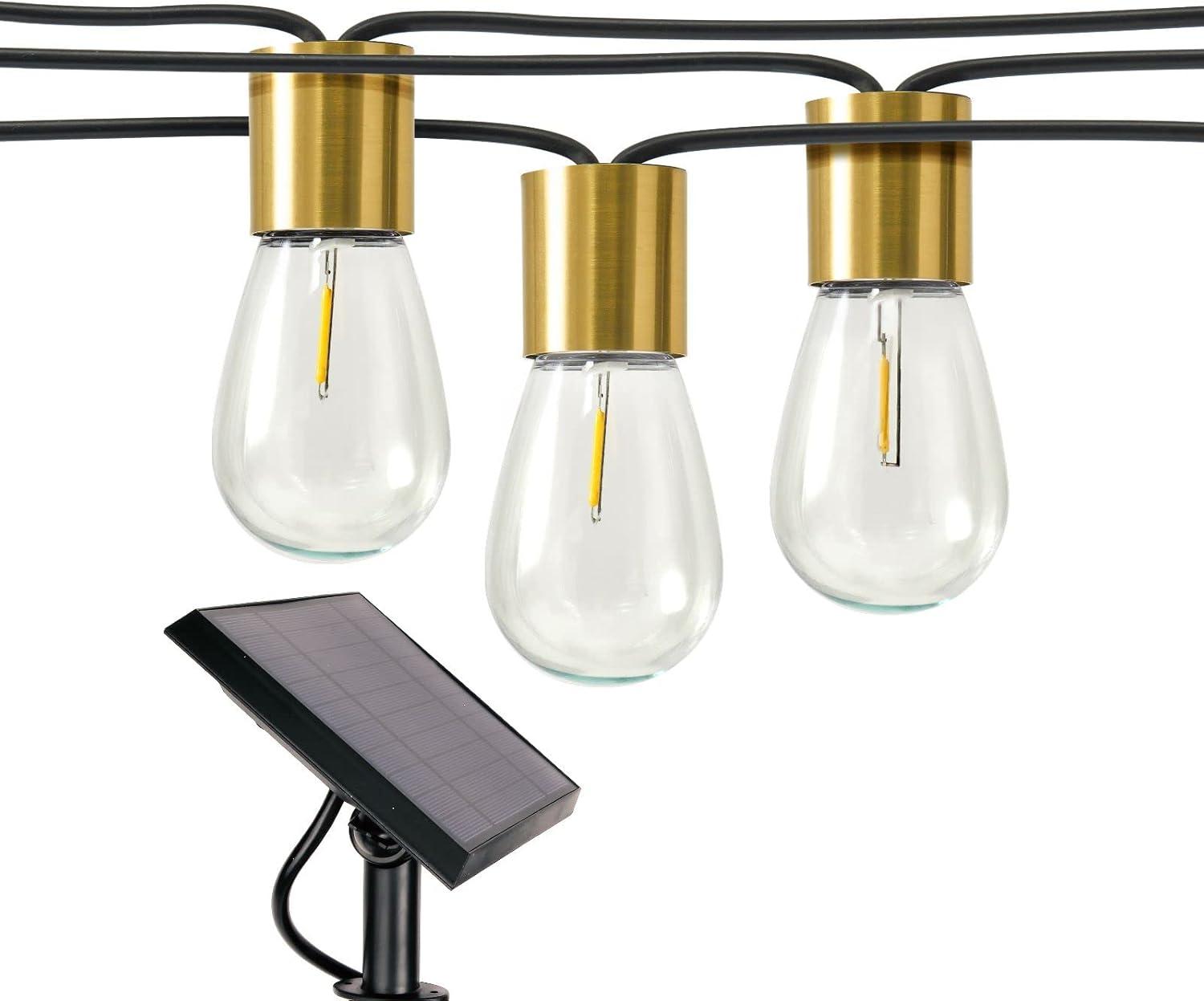 Brass Accented Solar LED Outdoor String Lights with Clear Bulbs