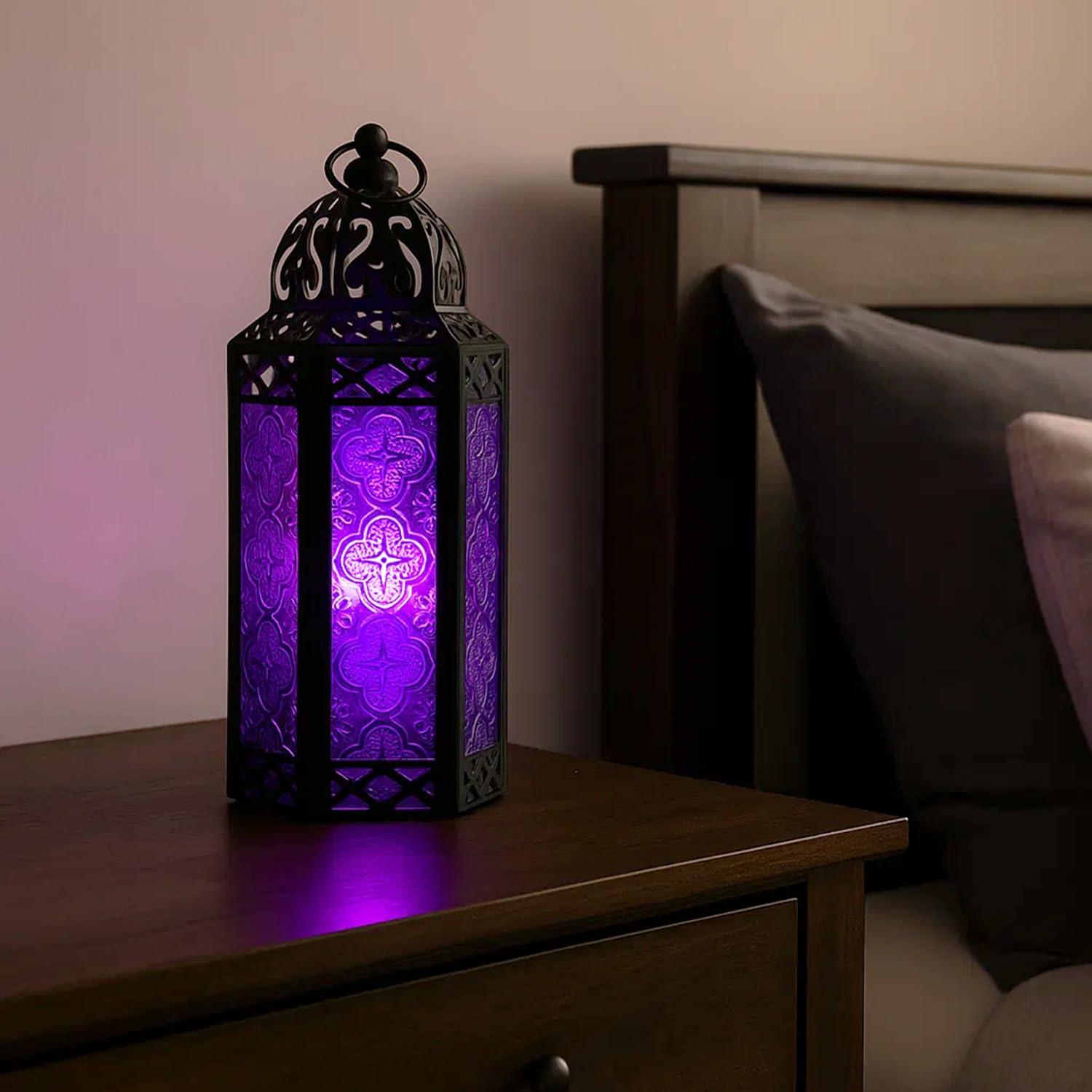 VELA LANTERNS 10.5" Moroccan Lamp Lantern Decorative Candle Holder for Indoor Outdoor Home Decor, Patio, Weddings, Ramadan Decorations, Black Metal, Purple Glass, Medium, Set of 3
