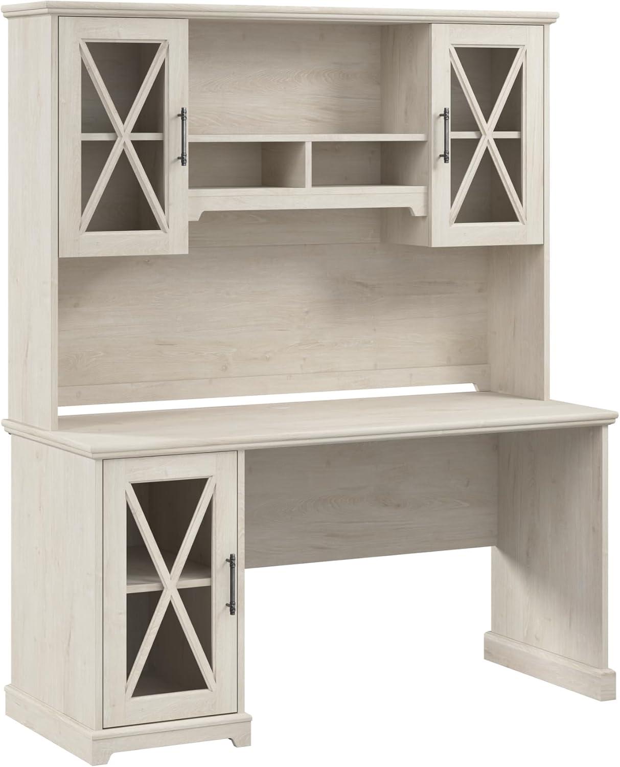 Linen White Oak Farmhouse Desk with Hutch and Storage Cabinet