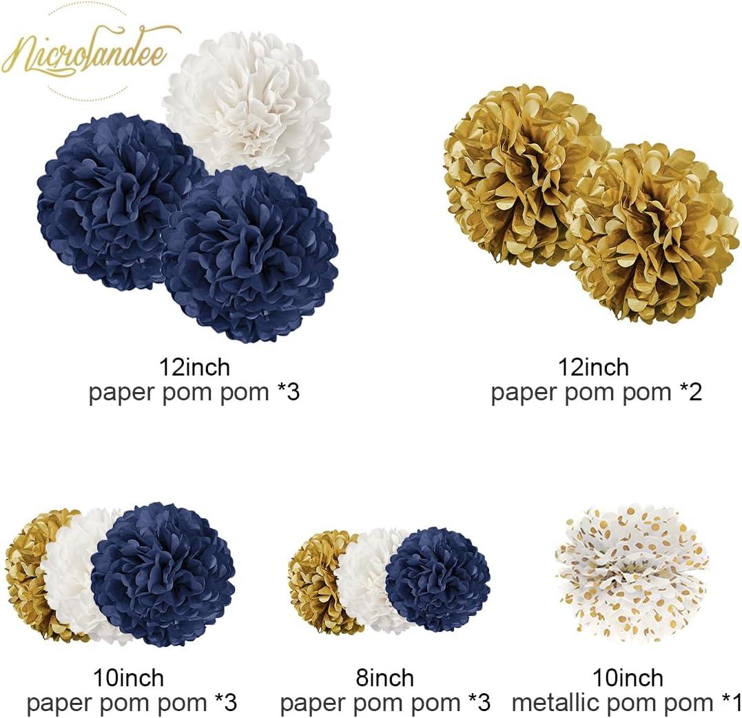 AIM & GGKK Paper Pom Poms Gold Gradient Navy Blue and White Tissue Hanging Paper Pom Poms,Flower Ball Wedding Birthday Party Decoration(12pcs)