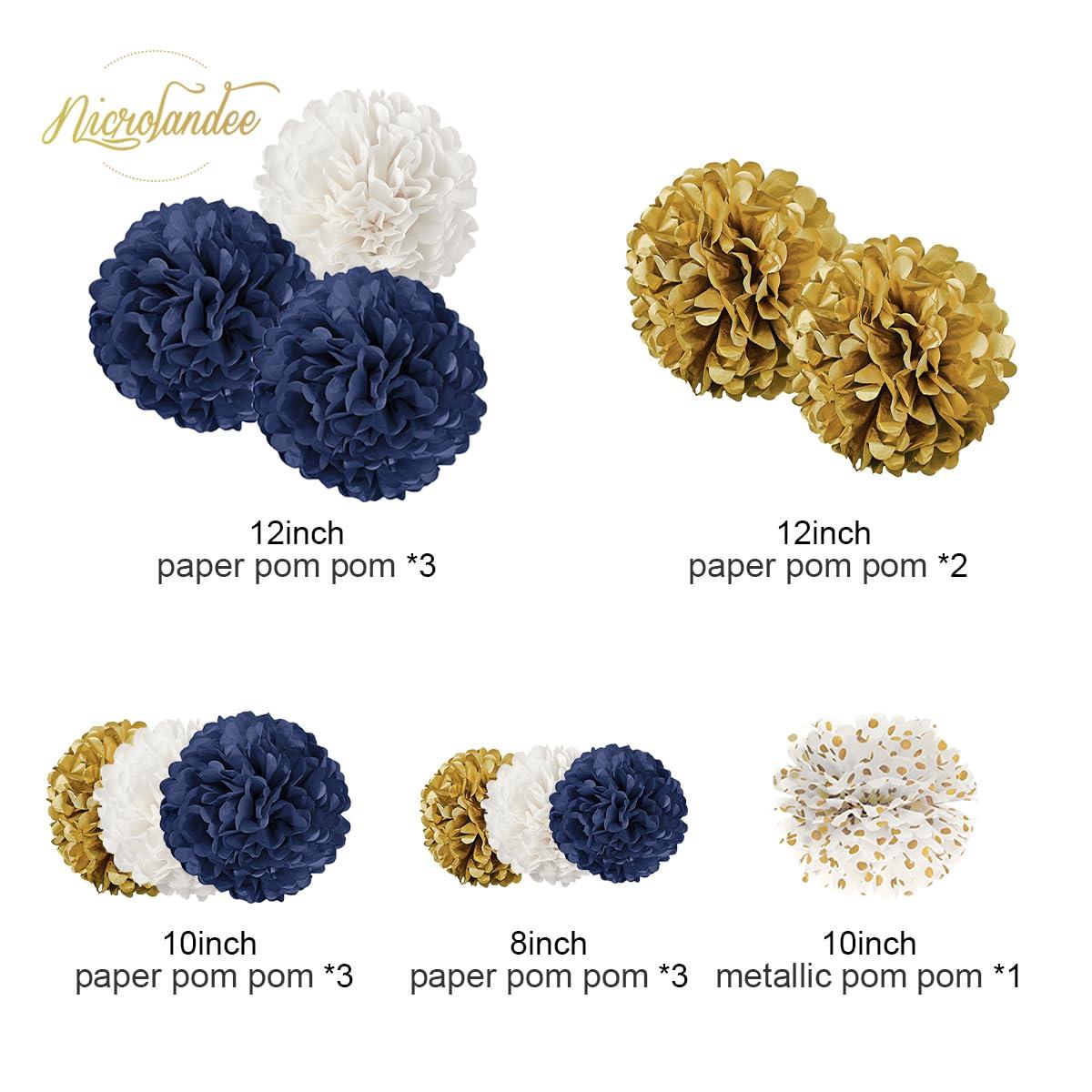 AIM & GGKK Paper Pom Poms Gold Gradient Navy Blue and White Tissue Hanging Paper Pom Poms,Flower Ball Wedding Birthday Party Decoration(12pcs)