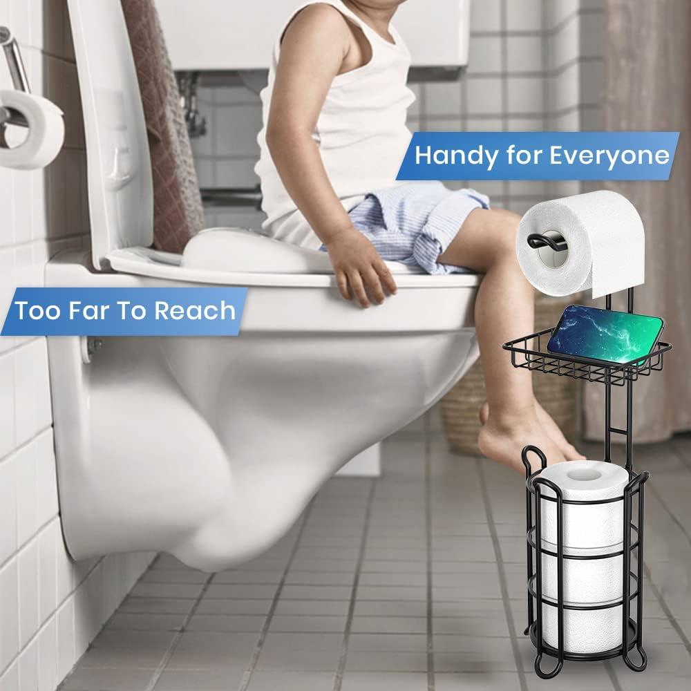 TreeLen Matte Black Bathroom Freestanding Toilet Paper Holder Tissue Roll Holder Stand with Shelf Storage Holds 4 Jumbo Rolls Phone and Wipes