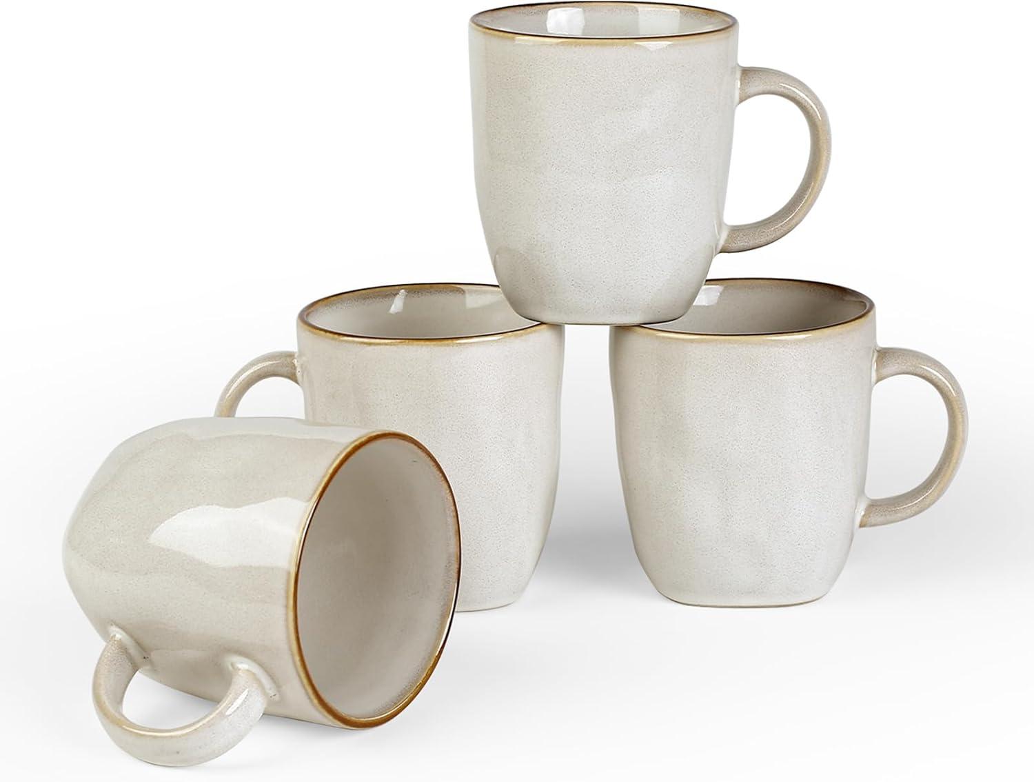 FAST APPLIANCES LLC Coffee Mugs Set Of 4, Ocean Square 13Oz Coffee Cup Set With Handle For Cocoa, Milk, Hot Chocolate, Tea, Water, Stoneware Cups For Kitchen, Microwave And Dishwasher Safe, Vanilla White