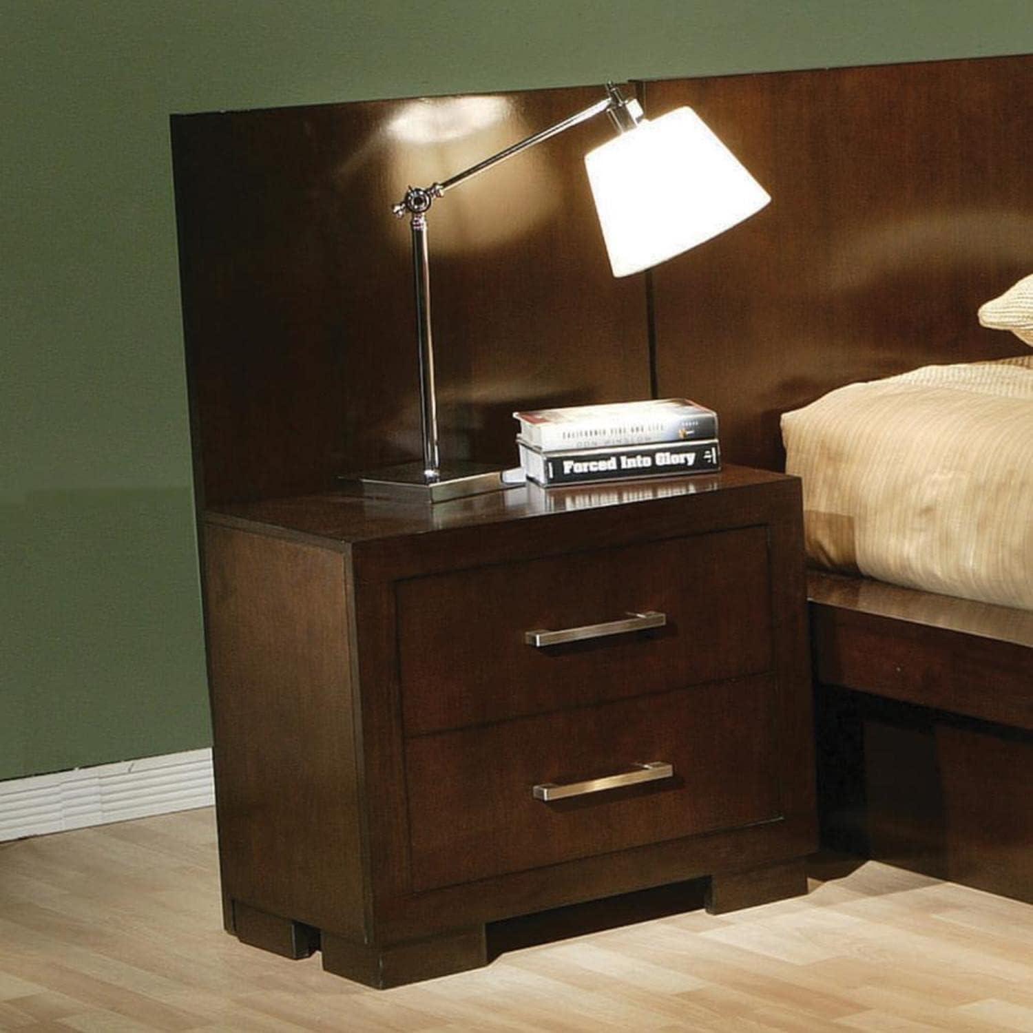 Transitional Cappuccino Brown 2-Drawer Nightstand with Silver Tone Bar Handles