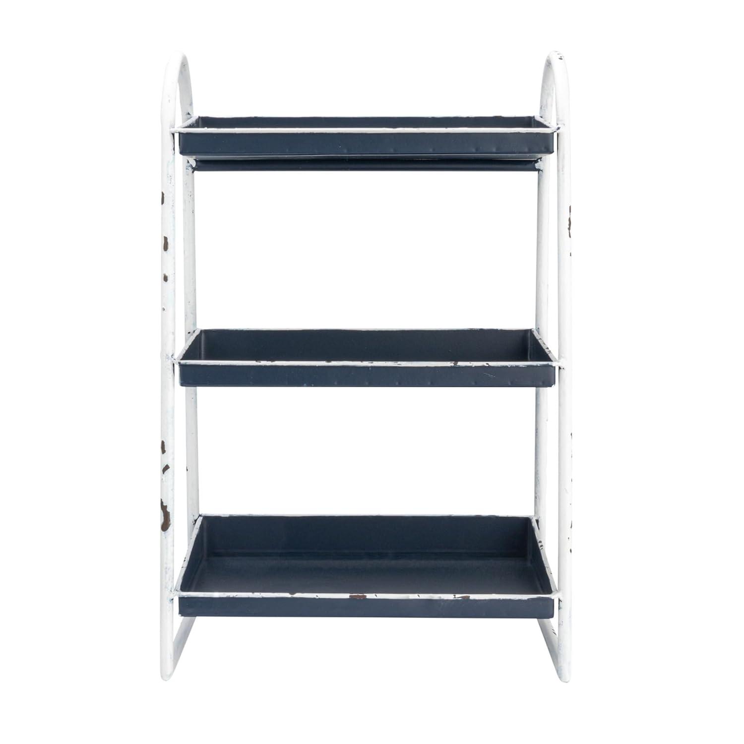 Creative Co-Op Heavily Distressed Navy 3-Tier Metal Tray with White Frame & Rim