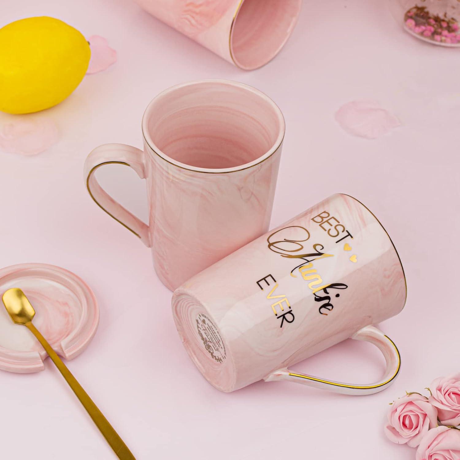 Aunt Gifts from Niece, Nephew - Best Aunt Ever Gift Mug - Happy Birthday Mothers Day Gifts for Auntie - Marble Ceramic Auntie Coffee Mug Gifts Box Printed Gold 14 Oz Pink