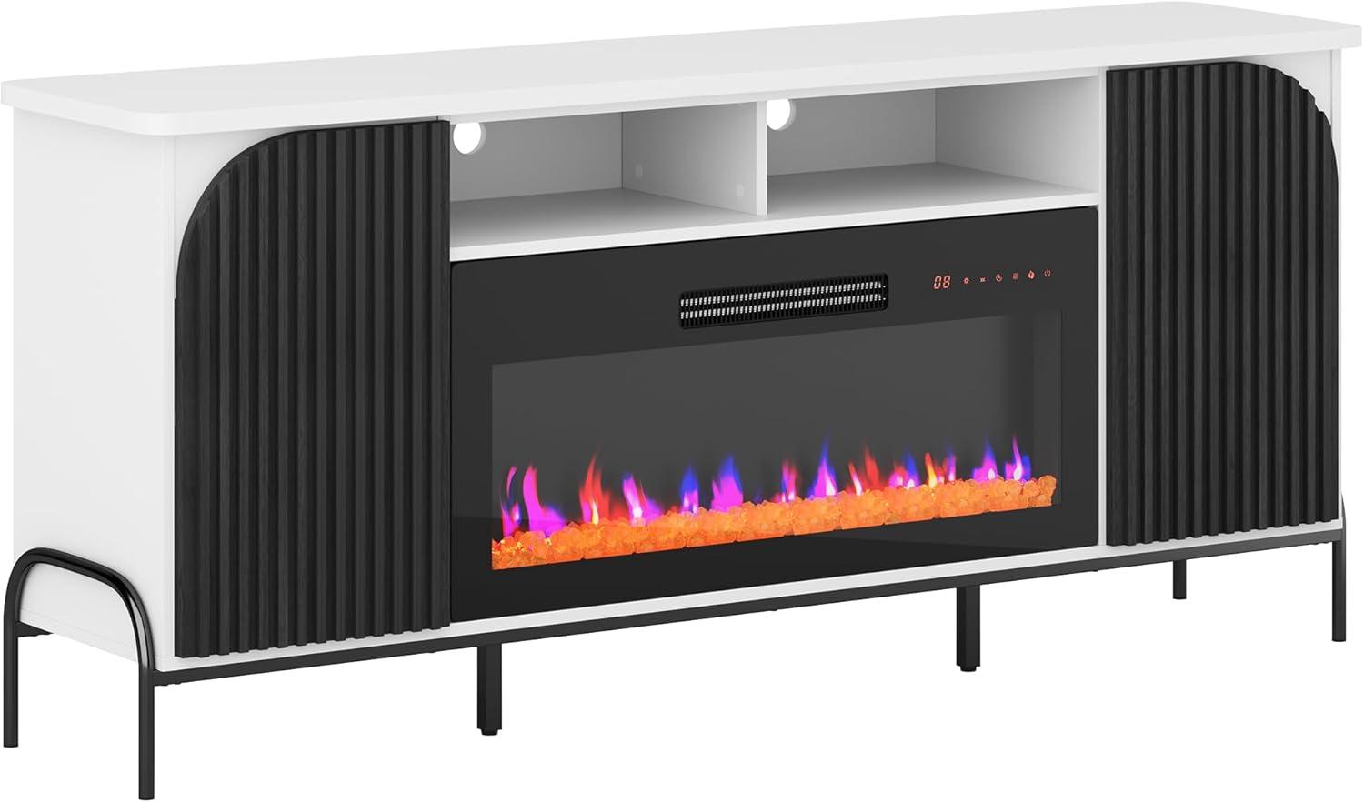 BELLEZE 68 Inch Fluted TV Stands with 36" Electric Fireplace, Modern Fluted Entertainment Center with Open Storage Shelves& Cabinets, Media Console TV Cabinet For Living Room Bedroom (White)