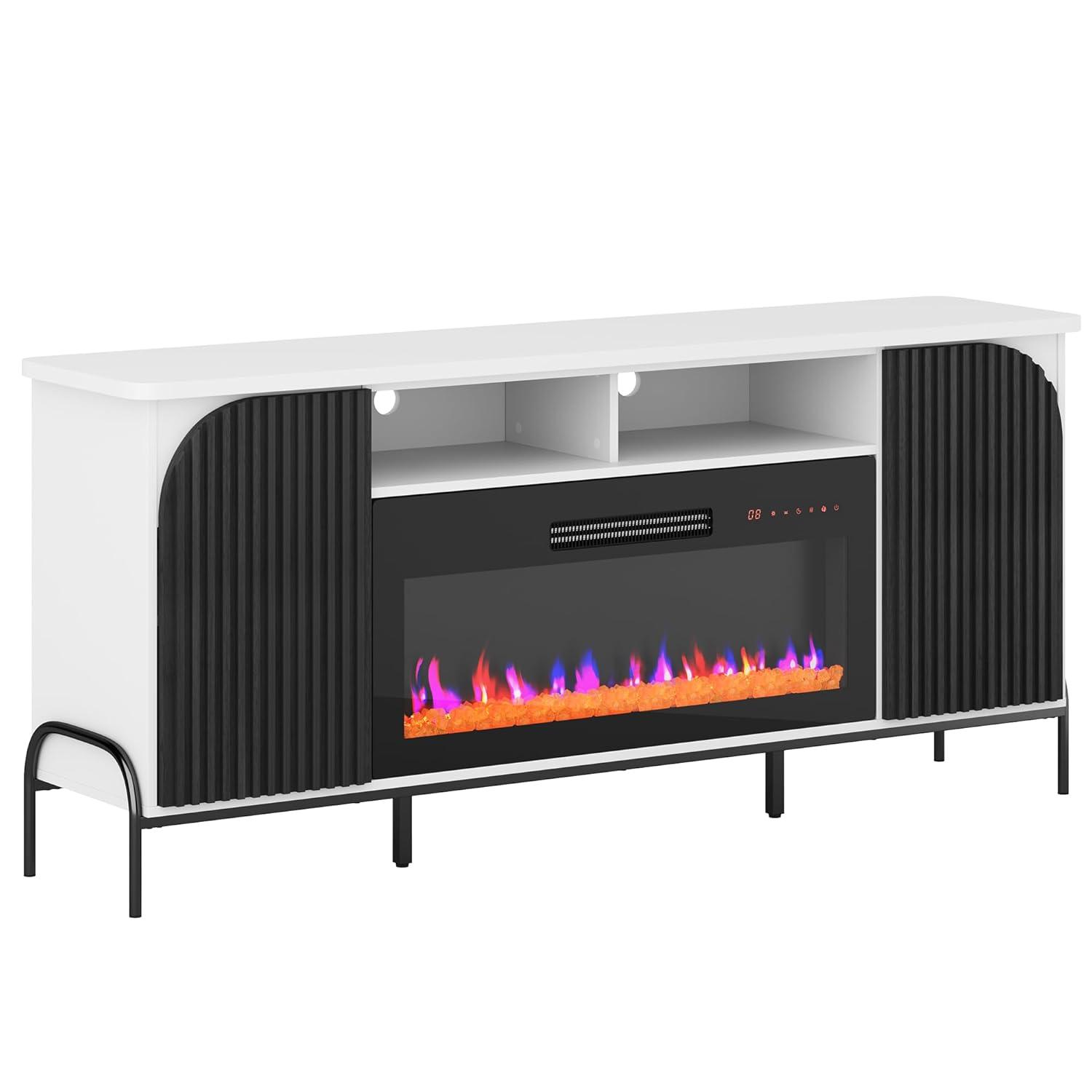 BELLEZE 68 Inch Fluted TV Stands with 36" Electric Fireplace, Modern Fluted Entertainment Center with Open Storage Shelves& Cabinets, Media Console TV Cabinet For Living Room Bedroom (White)