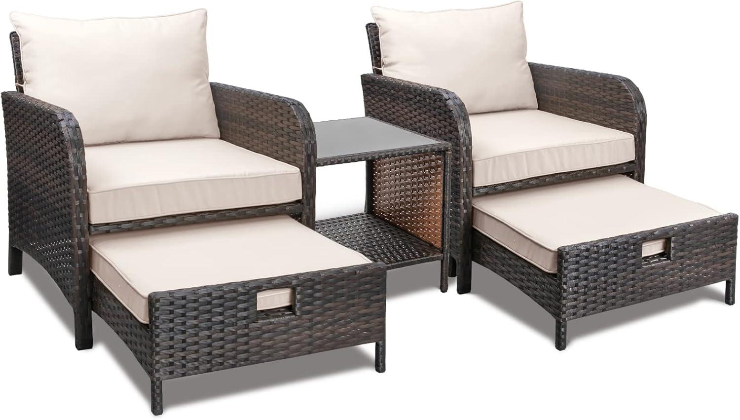 Beige Cushioned Brown Wicker 5-Piece Patio Conversation Set