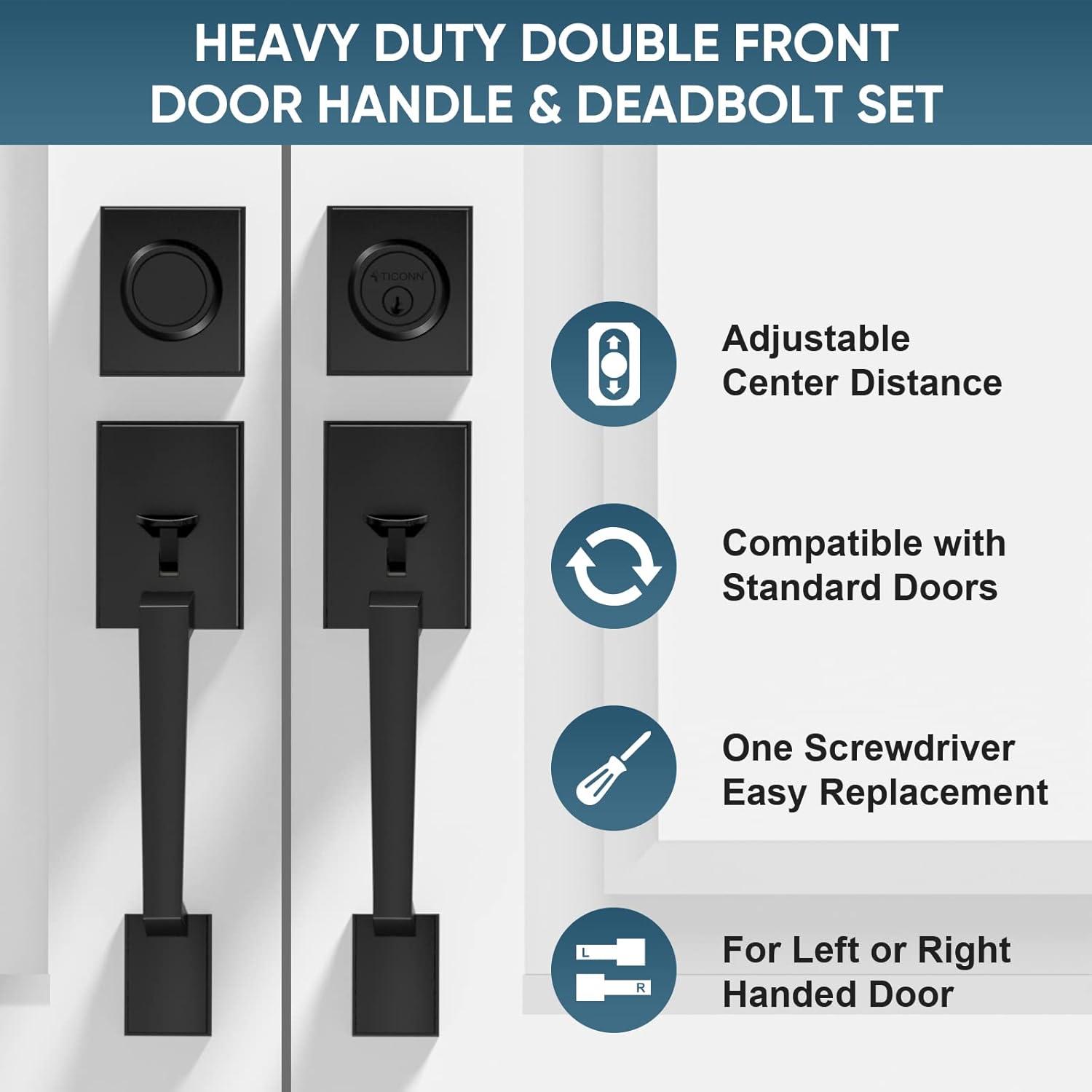 Double Door Handle Set, Matte Black Square Door Lever, Double Front Door Handle Set