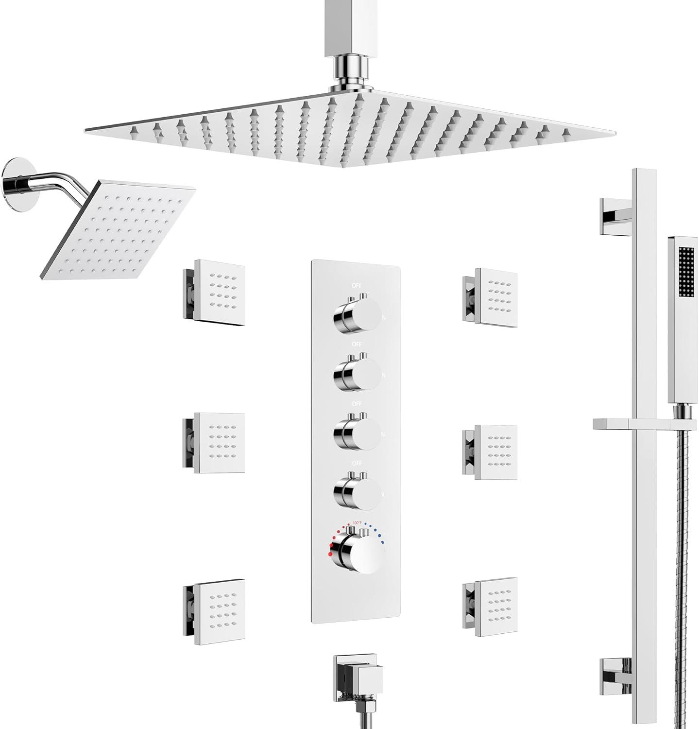 DualJetSpa 16-Inch Rainfall Shower System with Handheld Spray, Dual Showerheads, 6 Body Jets, and Thermostatic Valve